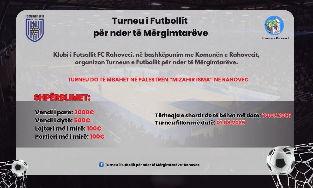 Rahoveci pret Turneun e parë të futbollit për nder të Mërgimtarëve – një festë sportive në frymën e bashkimit! Rahoveci pret Turneun e parë të futbollit për nder të Mërgimtarëve – një festë sportive në frymën e bashkimit!